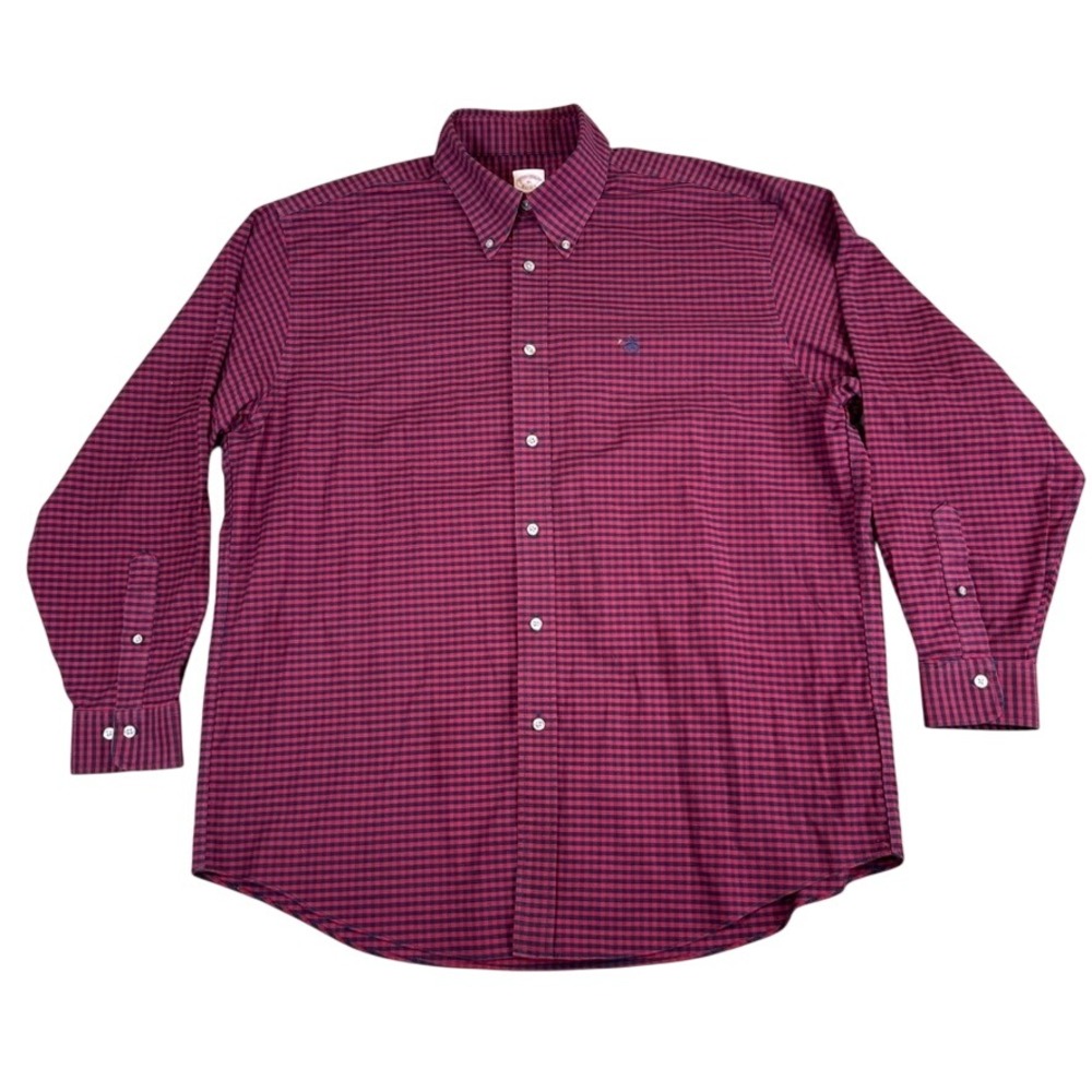 Brooks Brothers Madison Fit Gingham Shirt XL Red Navy Non-Iron Stretch Cotton